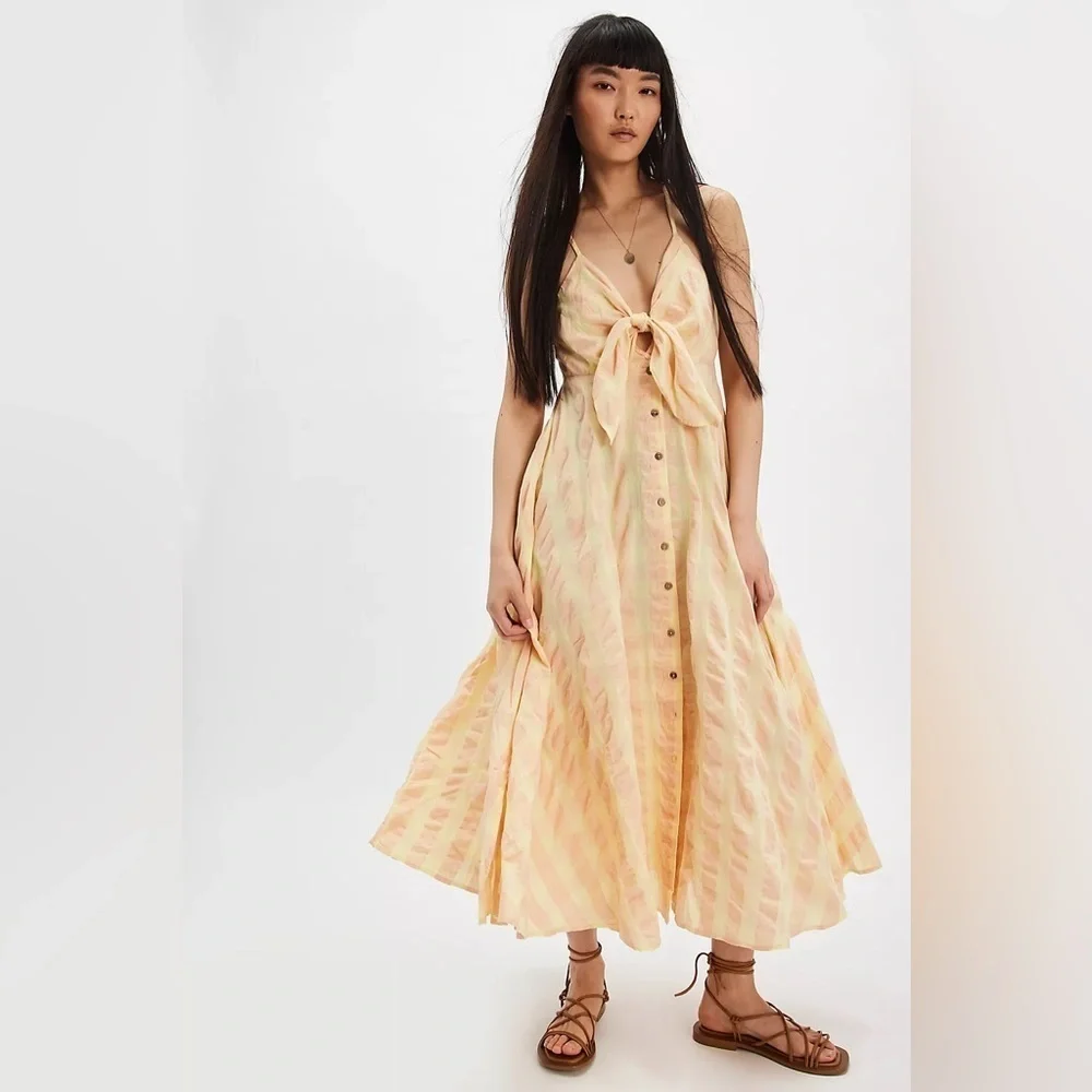 Free People Via Midi Dress Size Medium Creamsicle Combo Everly 100% Cotton